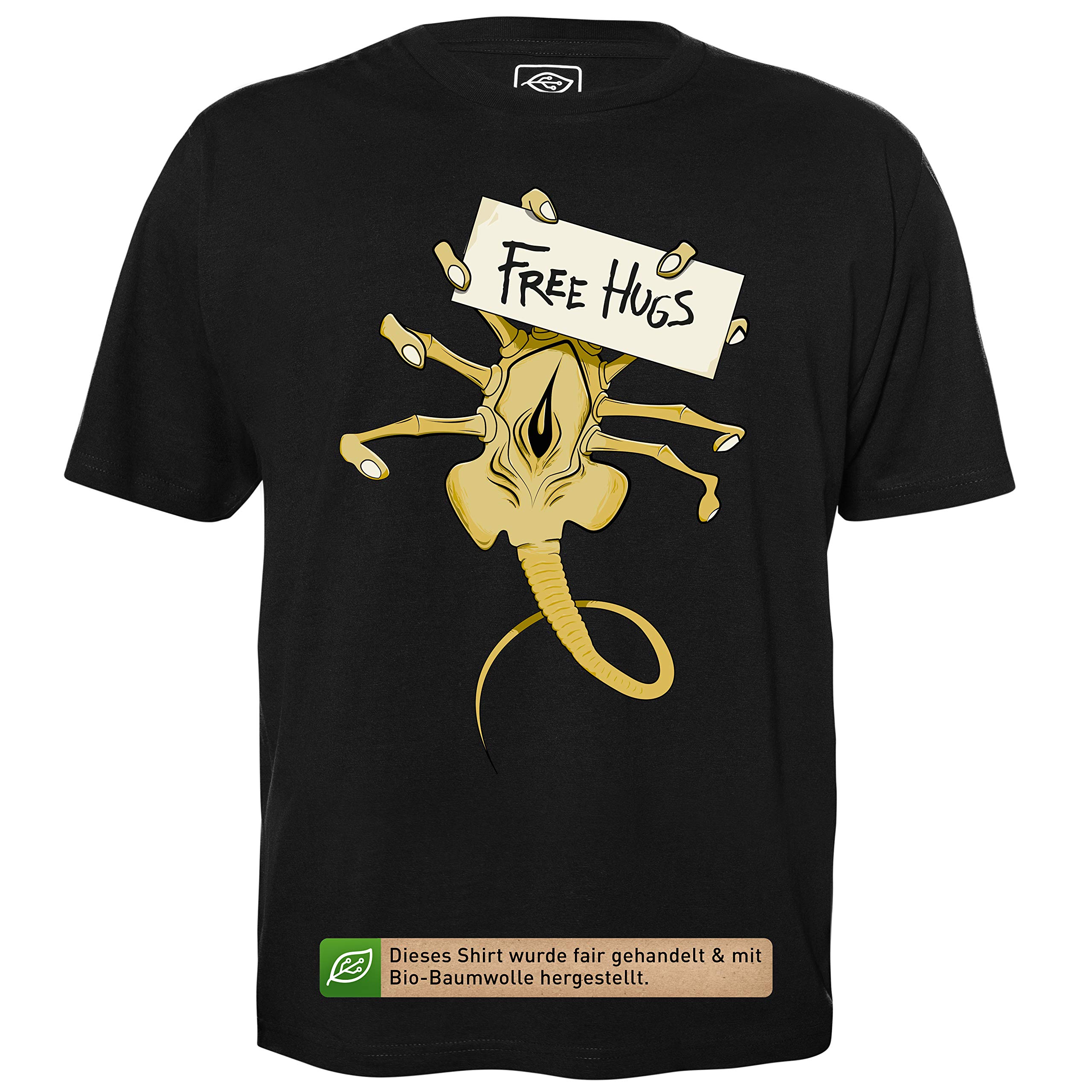 Free Hugs Facehugger - Herren T-Shirt für Geeks mit Spruch Motiv aus Bio-Baumwolle Kurzarm Rundhals Ausschnitt, Größe S