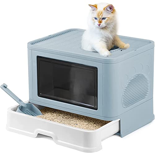 Katzenklo, Katzentoilette mit Deckel, Katzenklo inklusive Schaufel, ausziehbares Tablett, 2 Öffnungen, auslaufsicherer Boden. (Blau)