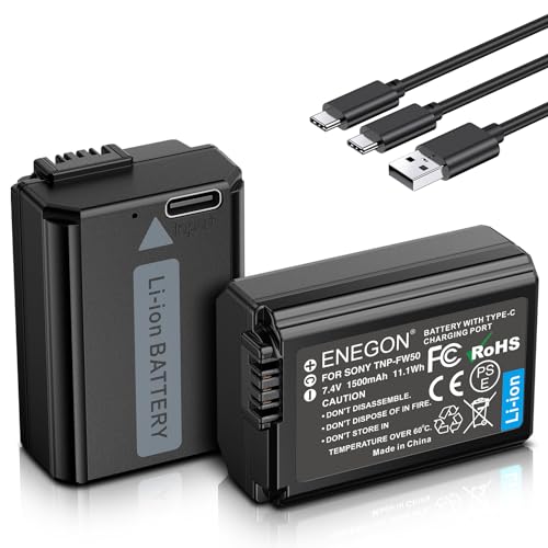 ENEGON NP-FW50 Direktlade-Ersatzbatterien 1500mAh (2er-Pack) mit 2-in-1-USB-C-Ladekabel für Sony NEX 3/5/7 & SLT-A Serie,Sony A7,A7SII,A7R,A7RII,A3000,A6000,A6500,A6300,A55,A5100,RX10II Digitalkamera