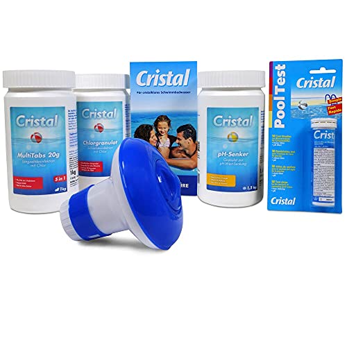 Cristal Wasserpflege-Starter-Set 6-teilig für Pools ab 2 m³, 3,7 kg - Chlorgranulat schnell löslich, Mini Multitabs 20 g mit 5 in 1 Pflege, pH-Senker, Dosierschwimmer & Wasser-Teststreifen