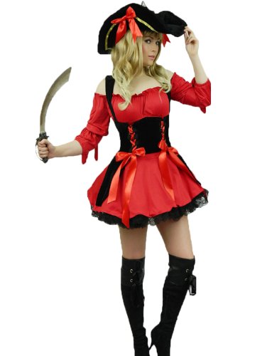Yummy Bee - Piraten Karneval Fasching Kostüm + Hut + Schwert Entermesser Damen Größe 34 - 50 (Rot,40-42)