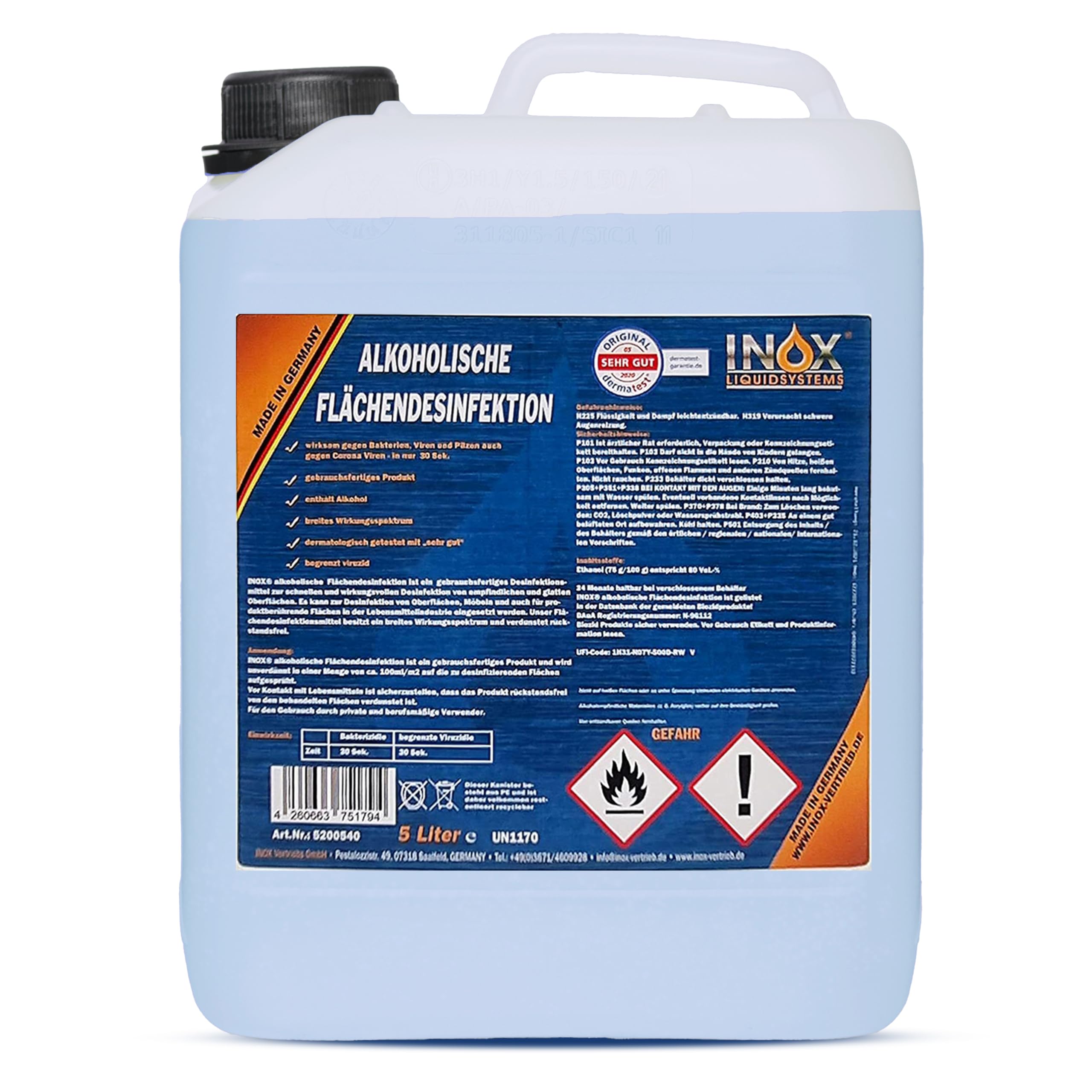 INOX® alkoholisches Flächendesinfektionsmittel 5L - Hochwirksame Flächendesinfektion mit Alkohol - Ideales Desinfektionsmittel für alle glatten Oberflächen