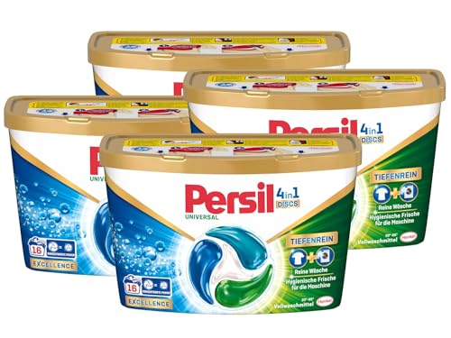 Persil Universal 4in1 DISCS 64 Waschladungen (4x 16WL), Universal Waschmittel mit Tiefenrein Technologie, Vollwaschmittel für reine Wäsche und hygienische Frische für die Maschine