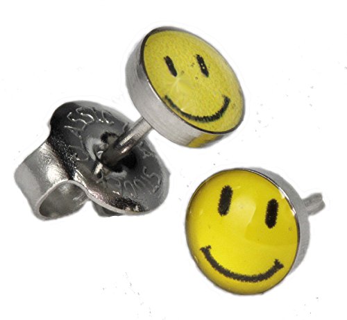 Ear Piercing Earrings Yellow Smiley Face Stainless Silver Studs Studex System 75 Hypoallergenic by Studex System 75