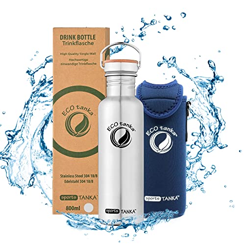 ECOtanka sportsTANKA Trinkflasche aus Edelstahl 0,8 Liter auslaufsicher - Wasserflasche BPA frei mit Edelstahl Bambus Verschluss + KOOLER