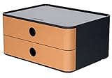 HAN Schubladenbox Allison SMART-BOX mit 2 Schubladen und Trennwand, Kabelführung, stapelbar, Utensilienbox für Büro, Schreibtisch Küche, möbelschonende Gummifüße, 1120-83, hochglänzend caramel brown