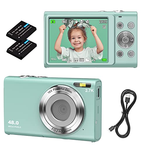 Digitalkamera, Autofokus-Vlogging-Kamera FHD 2,7 K 48 MP mit 2,8 Zoll großem Bildschirm, 16-facher Digitalzoom, tragbare Mini-Kamera für Teenager, Kinder, Erwachsene, Anfänger (grün)