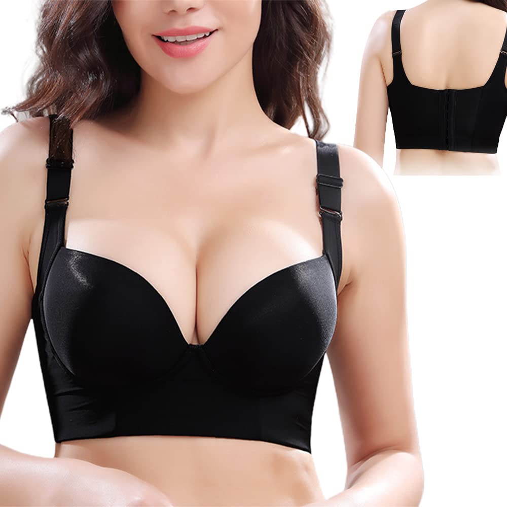 DBHFGJMN Deep Cup Bra With Shapewear Incorporated, Bh Mit Tiefen Cups Bh Mit Eingearbeiteter Shapewear, Full Back Coverage Bra, Push Up Sports Bra, With Shapewear Incorporated, Schwarz, 50-115CDE