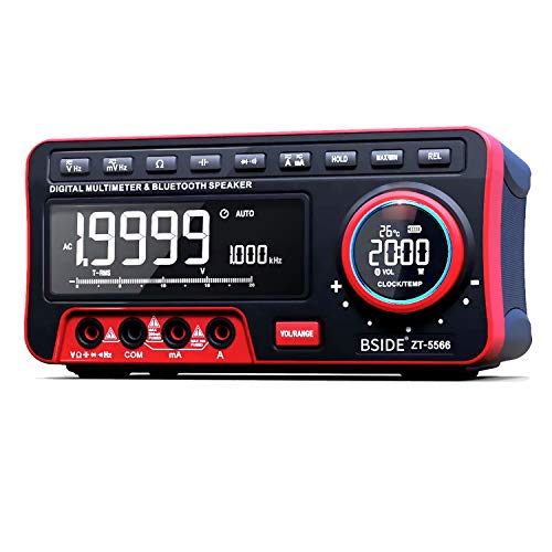 BSIDE Digitales Multimeter EBTN LCD + kabellose Lautsprecher + Uhr 19999 Counts, Desktop DMM mit 2 Stück 18650 Batterie