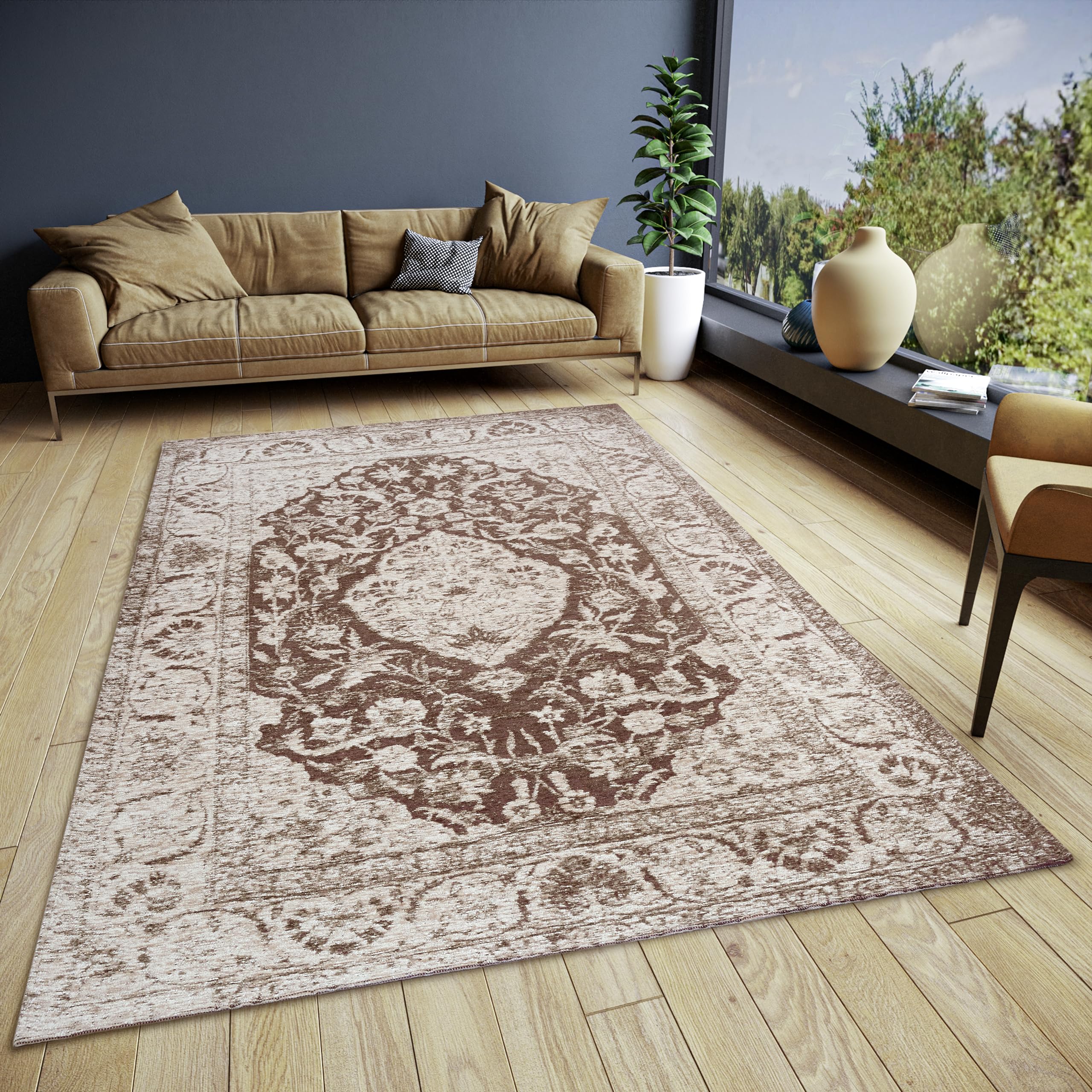 Hanse Home Mahat Orientalischer Teppich – Läufer Orientalisch klassisch gewebt mit Bordüre Vintage-Look, leicht Glänzend Flachgewebe für Schlafzimmer, Esszimmer, Wohnzimmer, Flur – Braun, 80x165cm