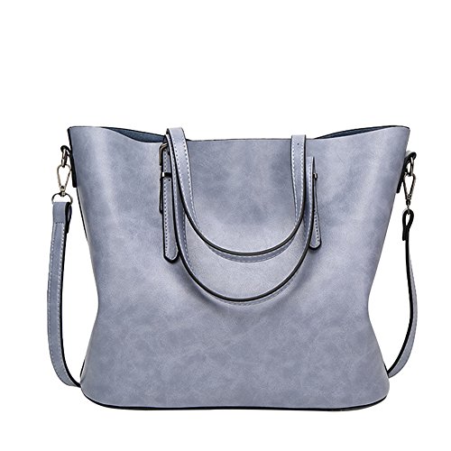 PB-SOAR Damen Elegant Shopper Schultertasche Umhängetasche Ledertasche Handtasche Henkeltasche aus weiches Kunstleder 32 x 29 x 13cm (B x H x T) (Blaugrau)