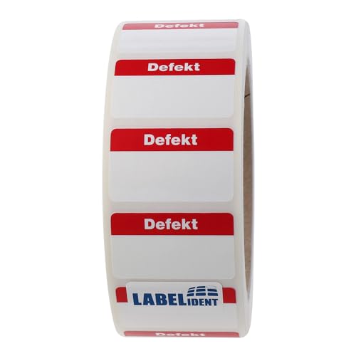 Labelident Qualitätssicherungsetiketten - Defekt - 38 x 23 mm - 1000 QS-Etiketten auf Rolle, Polyethylen weiß, wieder ablösbar