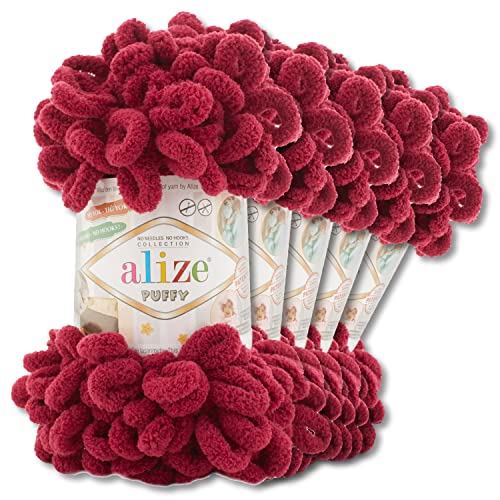 Alize 5 x 100 g Puffy Wolle Chenille Schlaufenwolle Häkeln und Stricken ohne Hilfsmittel Kleidung Accesoire Decken Teppiche (107 | Bordeaux)