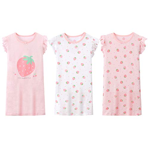 LPATTERN Kinder Mädchen 3er Pack Nachthemd Nachtwäsche Nachtkleid Schlafanzug Sleepwear aus Baumwolle - Erdbeere Motiv, Rosa Weiß Rosa | Erdbeere 3er Pack, 116(Label: 120)