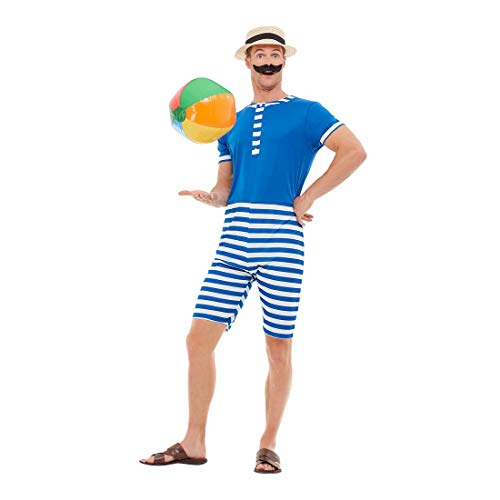 Amakando Witziger 20er Jahre Badeanzug für Herren/Blau-Weiß M (48/50) / Retro-Männerbadeanzug mit Streifen/EIN Highlight zu Fasching & Karneval