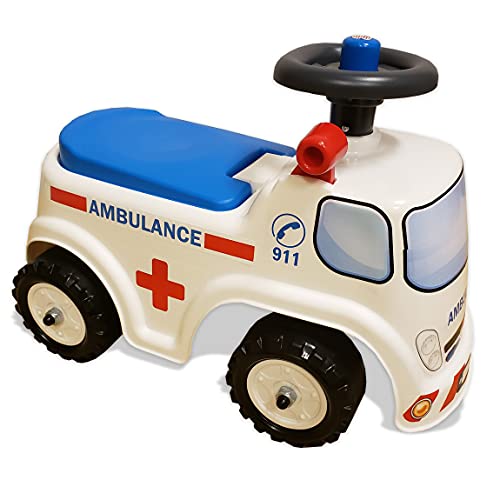 FALK – Krankenwagen – ab 12 Monate Lenkrad mit Hupe – Hebel mit Schalleffekt – Aufbewahrungsbox – Nummernschild personalisierbar – 701