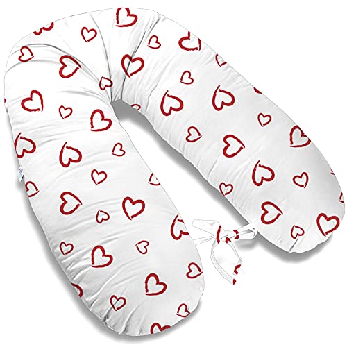 170cm Groß XXL Stillkissen Schwangerschaftskissen Lagerungskissen Seitenschläferkissen mit abnehmbarem Bezug Handmade ekmTRADE (6 - Rote Herzen auf Weiß, Kissen + Bezug)