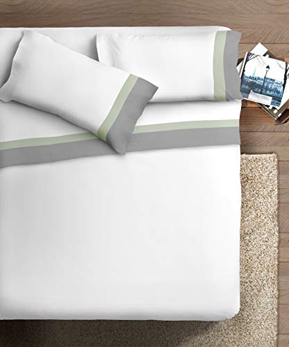 Bettwäsche-Set mit doppeltem Rüschen, aus Baumwolle, für Doppelbett, Satin, Grau SC/Grün, Hintergrund weiß