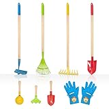 Hortem 8PCS Kindergarten-Werkzeugset Enthält 4 PCS Long Rake, Schaufel, Hacke, Leaf Rake und kleine Gartengeräte, EIN Paar Kindergartenhandschuh, Gartengeschenke für Kinder (Mehrfarbig)