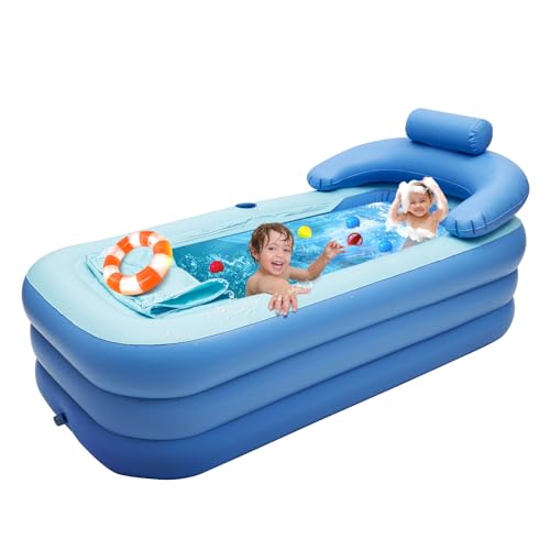 HINOPY - Badewanne für Erwachsene, PVC Klappbare Inflatable Bathtub Aufblasbare Tragbare Inflatable Reise Bathtub mit Kissen & Abflussrohr für Heiß und Eisbad, Blau