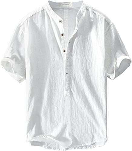 Lanakila Provence Leinen-Baumwollhemd für Herren, Sommer-lässiges leichtes Leinenhemd für Herren (Weiß,M)