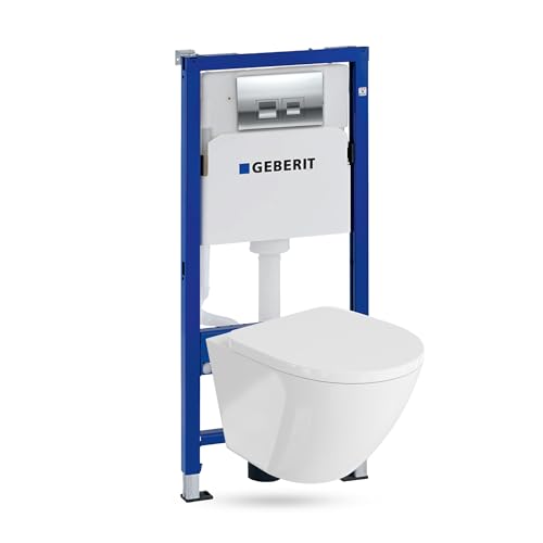 Duofix Basic Vorwandelement + Wand Tiefspül WC Sofi Weiß Spülrandlos + Bedienplatte Delta 25 | Verchromt Knopf | Komplettset | Unterputz Spülkasten | Toilette Komplett Sett