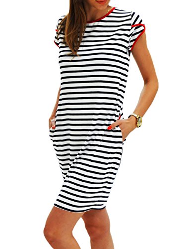 Sommerkleider Damen Kurzarm Kleider Jerseykleid Freizeitkleid Mini Dress Strandkleid Maritime S M L XL (343, XL)