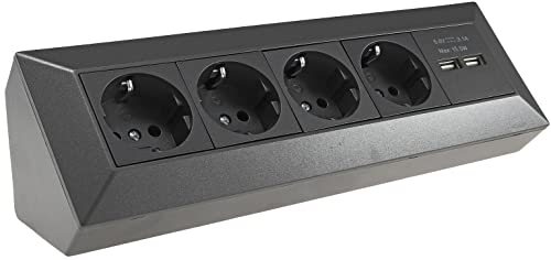 4-fach Ecksteckdose Küchensteckdose mit 2x USB 4X Steckdosen I 90° Winkel I 230V Aufbausteckdose für Arbeitsplatte Küche Anthrazit
