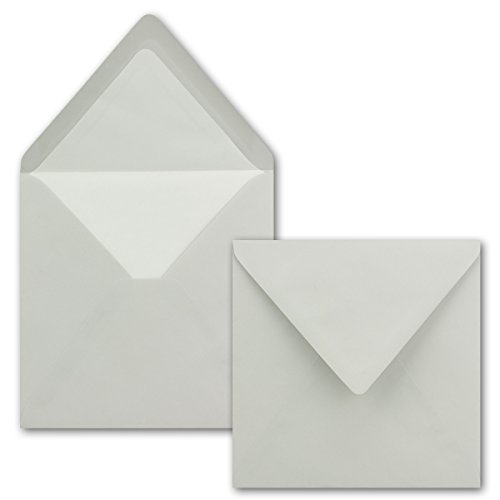 Umschläge Quadratisch 16 x 16 cm - 100 Stück - Hellgrau mit weißem Seidenfutter - gefütterte quadratische Briefumschläge - Nassklebung