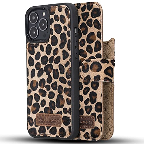 Bouletta Schutzhülle aus echtem Leder, magnetisch, abnehmbar, Brieftaschenformat, kompatibel mit iPhone 13 Pro Max (6,7 Zoll) (RFID Blocking) (funktioniert mit Magsafe) (Furry Leopard)