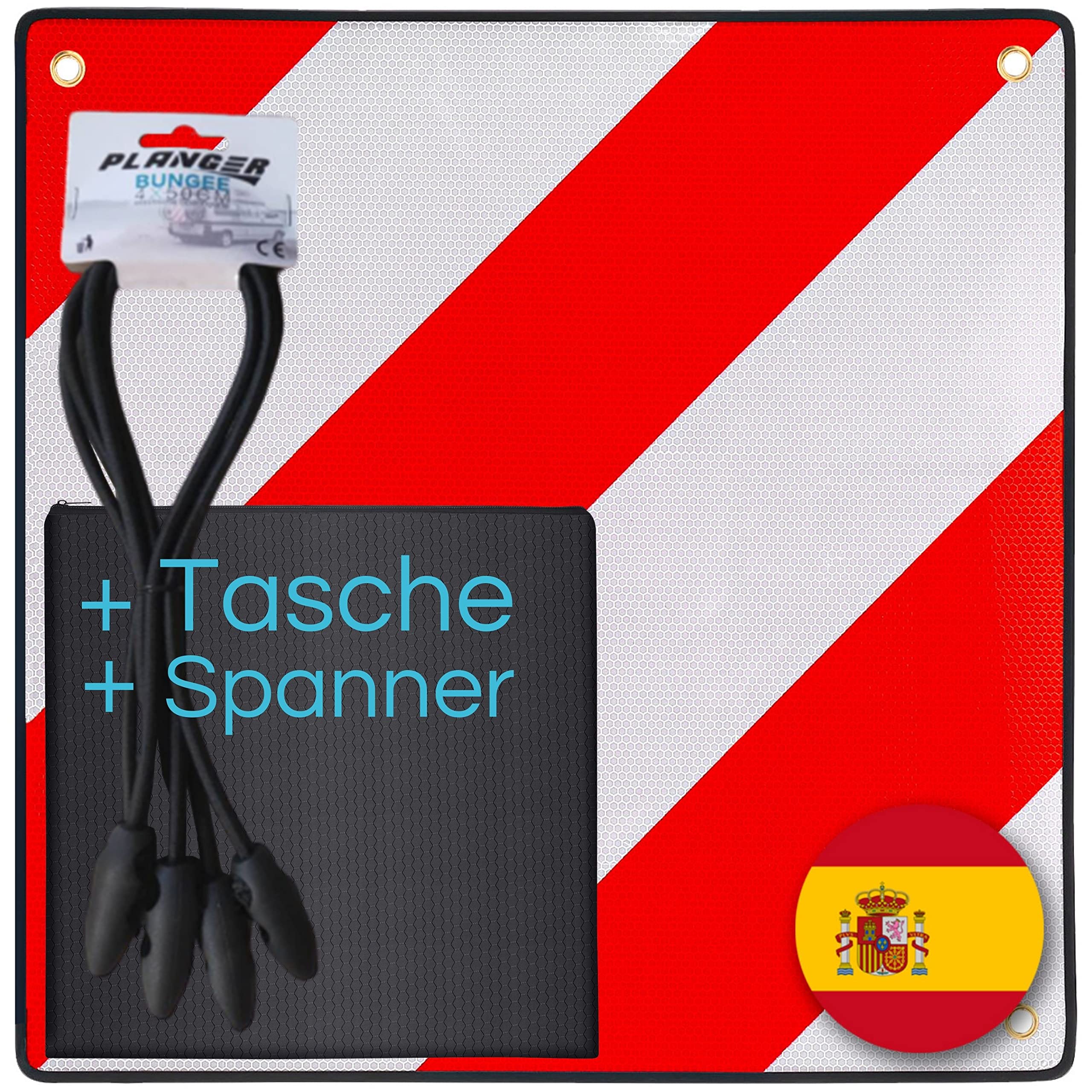 PLANGER® - Warntafel Spanien (50 x 50 cm) + Tasche + Spanner - Reflektierendes Warnschild rot weiß für Heckträger u Fahrradträger