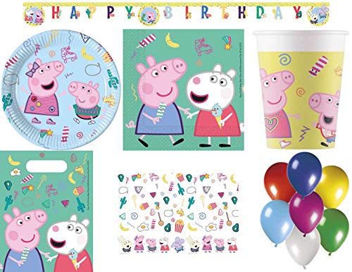 JT-Lizenzen Peppa Pig Messy Play 94-teiliges Kindergeburtstag Party Deko Set Motto Feier 8 Teller, 8 Becher, 20 Servietten, 1 Tischdecke, 6 Partytüten, 1 Partykette, 50 Luftballons