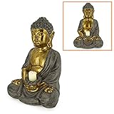 Rivanto® Buddha mit Kerzenhalter, 30 x 25 x H45 cm, Kunststoff-Figur mit stabilem Stand, Steinoptik mit gold