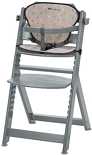 Bebeconfort Timba mit Kissen, Holzhochstuhl, Höhenverstellbar, ab einem Alter von 6 Monaten bis 10 Jahren, bis 30 kg, Warm Grey
