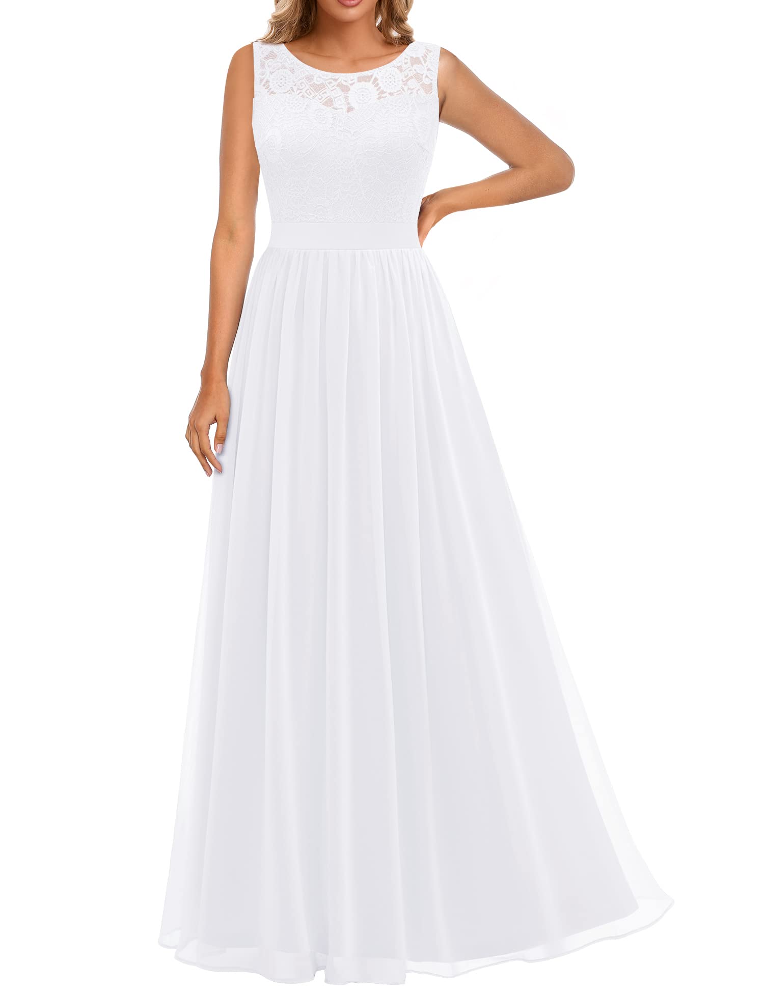 Dressystar 0046 Abendkleid Basic Chiffon Spitzen Ärmellos Brautjungfernkleider Bodenlang Weiß XL