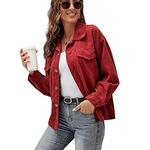 Cordhemd Damen Oversize Shirt mit Taste Hemdjacke Langarm Lose Revers, Frühling Herbst Hemd Outwear