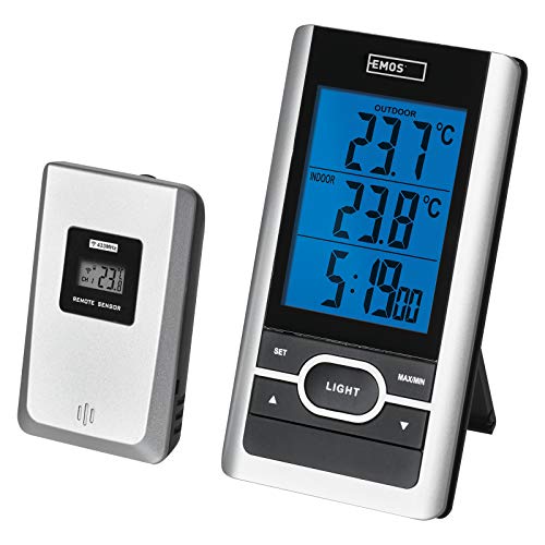 EMOS E0107 Drahtloses Digitales Aussen-und Innen-Thermometer mit Außensensor und Memory Funktion, batteriebetrieben, Kunststoff, Schwarz, Grau