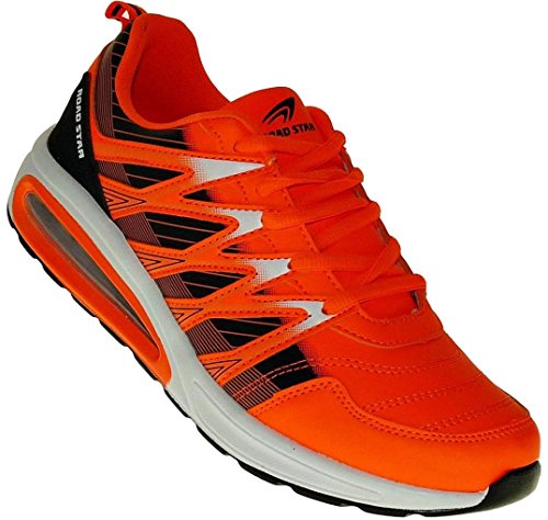 Bootsland Neon Turnschuhe Sneaker Sportschuhe Luftpolster Unisex 002, Schuhgröße:42, Farbe:Orange/Schwarz