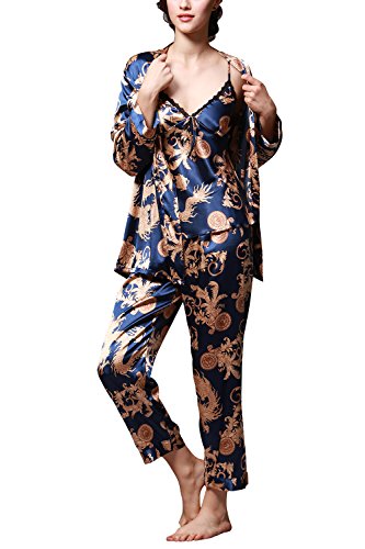 Dolamen Damen Schlafanzug, Lang Ladies Pyjamas, 3-in-1Luxus & Weich Satin Schlafanzug Nachtwäsche Nachtkleid Lingerie Pyjamas, Lange Ärmel & Lange Hose (Large, Blau)
