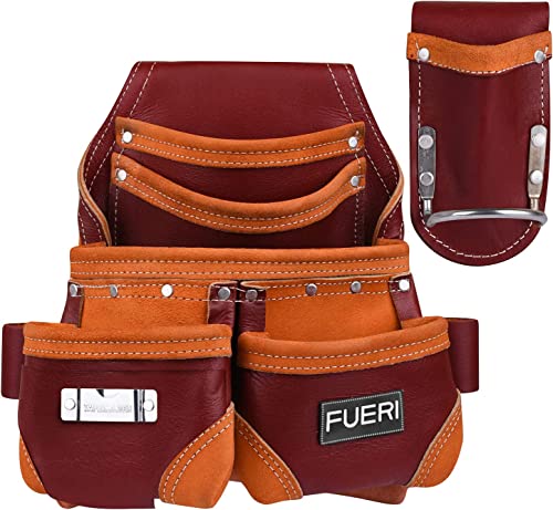 FUERI Leder-Werkzeugtasche für Tischler, 5 Taschen, Gürteltasche, Kit | robuste Tasche mit Klebebandhalter | genieteter Werkzeug-Organizer – verstärkte Nähte