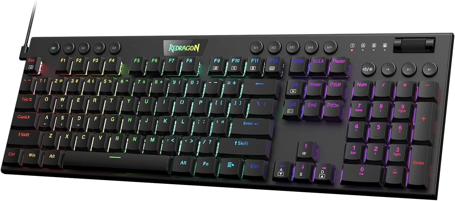 Redragon K619 Horus RGB mechanische Tastatur, ultradünne kabelgebundene Gaming-Tastatur mit flachem Profil-Tastenkappen, dedizierter Mediensteuerung und blauen Schalter, unterstützt Software