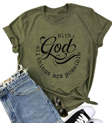 Damen-T-Shirts mit Aufschrift ?With God All Things are Possible?, christlicher Sommer, Jesus, Grafik-T-Shirt - Grün - X-Groß
