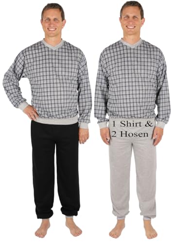 Schuerzenfabrik Pyjama Herren lang Shirt+2xHose Schlafanzug Schlafkleidung Nachtwäsche, Farbe:grau/schwarz, Größe:XL