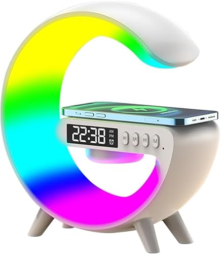 Kabellose Lautsprecher-Ladegerät-Tischlampe mit Wecker-Ladefunktion, Nachttischlampe, Atmosphärenlampe for Wohnzimmer, Schlafzimmer/1004 (Color : White)