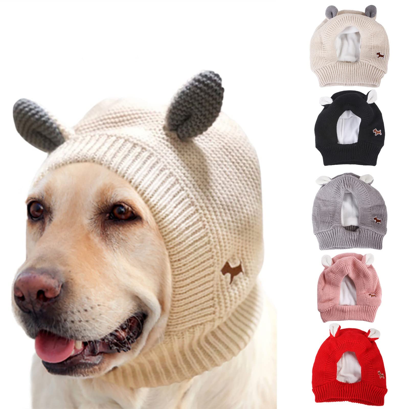 Niedliche gestrickte Hundemütze, Winterhunde-Sturmhaube mit hübschen Ohren, gestrickte Hunde, Winterhundekopf, Hundezubehör Weihnachten (Color : Beige)