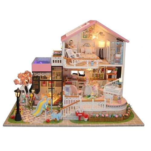 Crafts&Co® DIY Miniature Haus mit Möbeln | DIY Puppenhaus Erwachsene | Hölzernes Puppenhaus-Kit | Holz Mini Haus Modell mit Licht | 1:18 | Mini-Villa