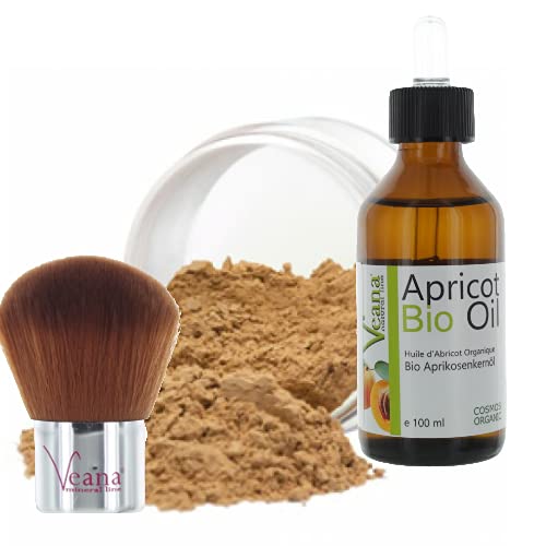 Mineral Make Up 9g + Premium BIO Aprikosenkernöl 100ml DE-Öko zertifiziert + Kabuki 20 Farbnuancen - für normale/trockene Haut - Nuance Honey