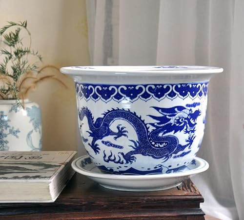 Keramik-Blumentöpfe im chinesischen Stil, blaues und weißes Porzellan, Chlorophytum, grüner Blumentopf, chinesischer handgezeichneter chinesischer Drache, Blumentopf für den Innen- und Außenbereich