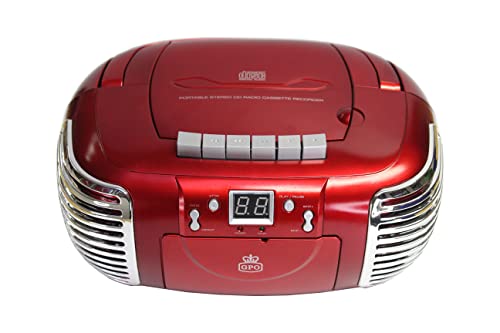 GPO PCD299 Tragbare Retro Boombox mit CD-Player, Radio und Kassettenrekorder Netz- & Batteriebetrieb, Rot/Silber