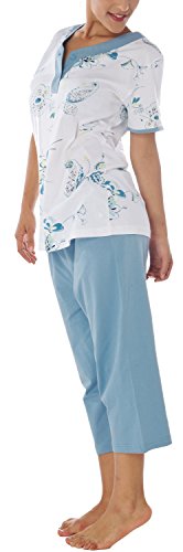 Damen Kurzarm Bermuda Pyjama Schlafanzug Baumwolle Knopfleiste DF821 40/42